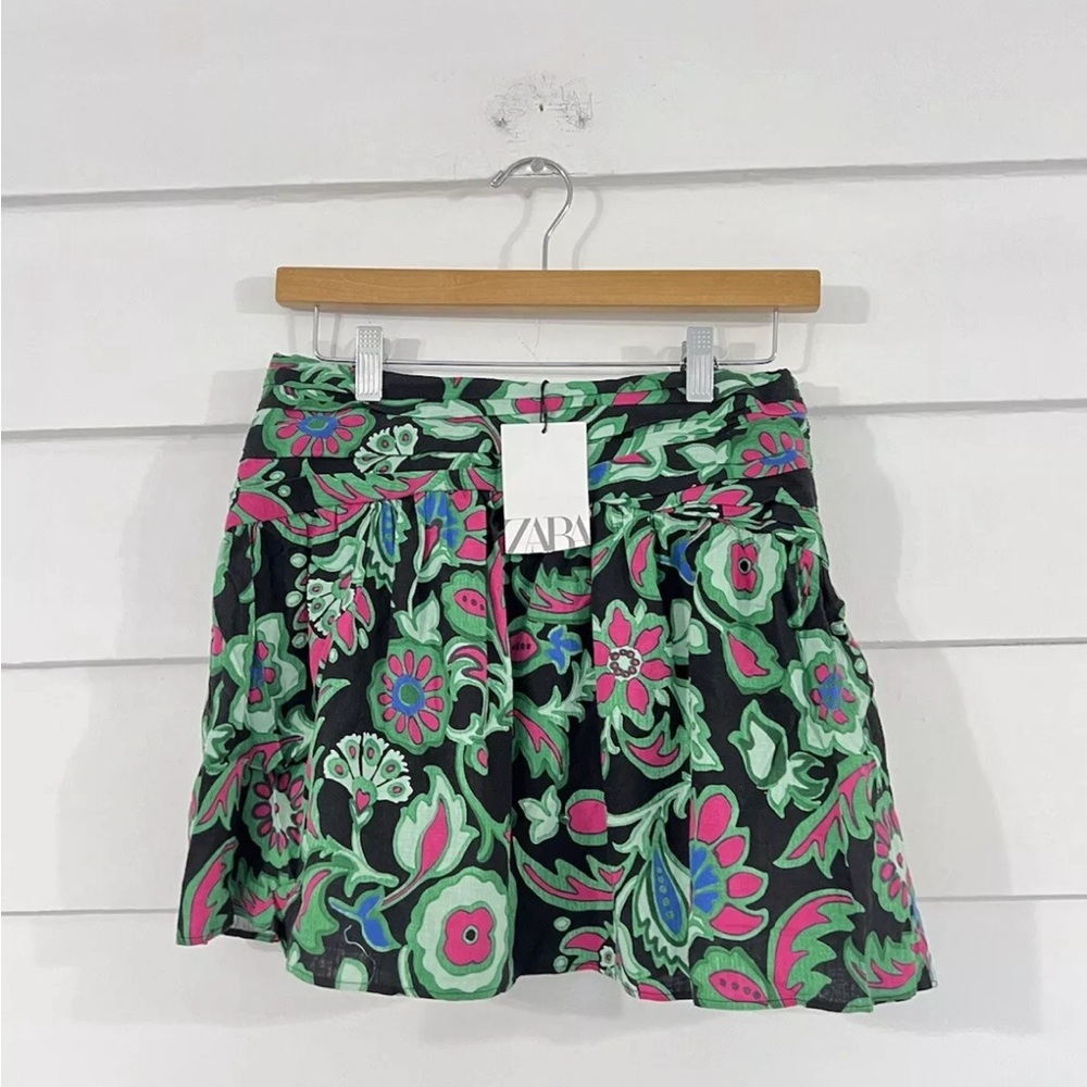 ZARA LINEN BLEND FLORAL PRINT MINI SKIRT